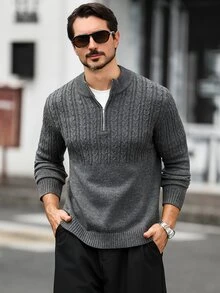 Marcello Vane 歐美新博主風時尚設計成熟休閒男士拉鍊半開襟休閒針織上衣，深灰色，適合辦公工作，秋季 - 彩色 - 查看 6