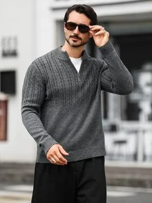 Marcello Vane 歐美新博主風時尚設計成熟休閒男士拉鍊半開襟休閒針織上衣，深灰色，適合辦公工作，秋季 - 彩色 - 查看 1