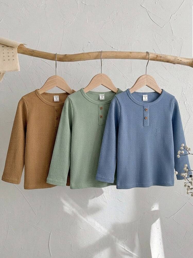 SHEIN Conjunto de 3 camisetas casuales de cuello redondo de unicolor de punto para niños y niños pequeños - Multicolor - Añade 3