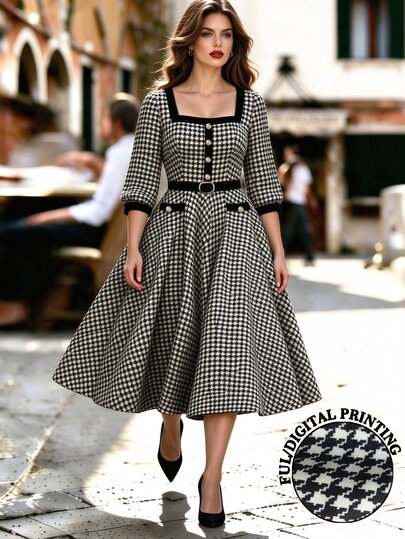 Velvienne Plus Size Women's Elegant Square Neck 3/4 Sleeve Houndstooth Contrast Black A-Line Waist-Cinching Slimming Midi Dress, Suitable As Formal Dress, Autumn/Winter