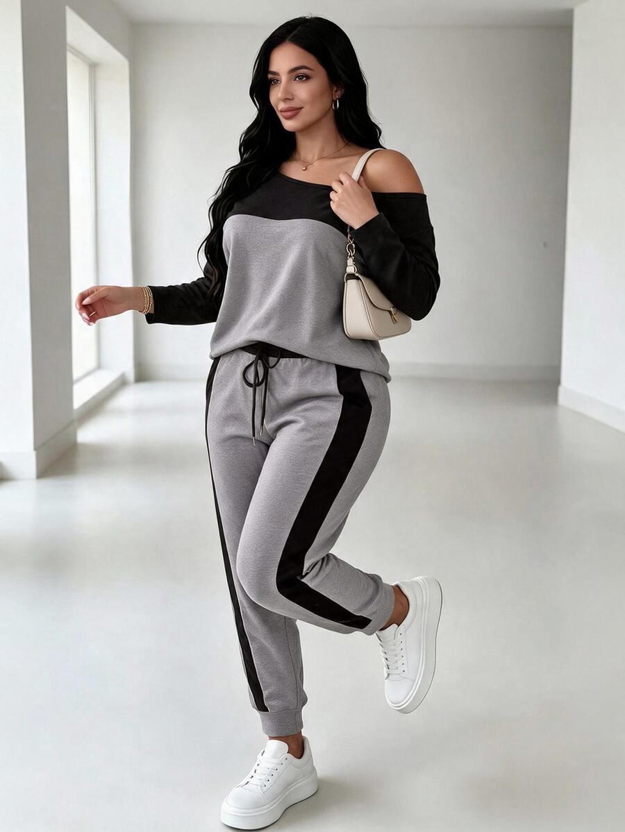 Elenzga Plus Size Women Asymmetric Collar Colorblock Casual Daily Sports Commute Set, Autumn/Winter Fall - Multicolor - View 1