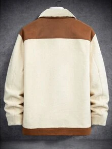 Manfinity CasualCool Men's Khaki Patchwork Lamb Fleece Collar Casual Commute Zip-Up Jacket - Khaki - View 2