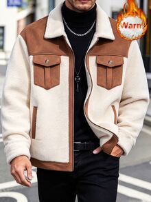 Manfinity CasualCool Men's Khaki Patchwork Lamb Fleece Collar Casual Commute Zip-Up Jacket - Khaki - View 5