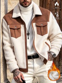 Manfinity CasualCool Men's Khaki Patchwork Lamb Fleece Collar Casual Commute Zip-Up Jacket - Khaki - View 1