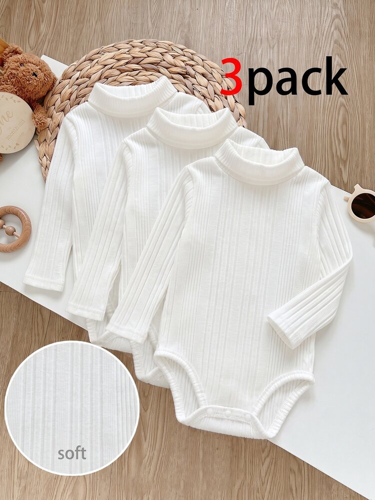 SHEIN Baby Girl Baby Boy High Neck Elastic Fleece Brushed Ribbed Long Sleeve Autumn Bodysuit 3pcs Set Suitable For Winter - White - View 1