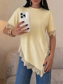 Firerie 女款法式蕾絲拼接不對稱下擺T恤 - 淡黃色 - 查看 4