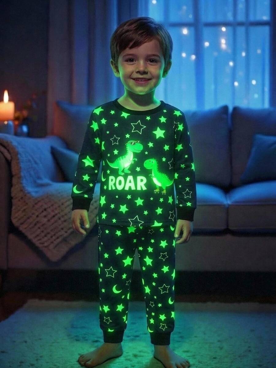 SHEIN Young Boy Snug Fit Fluorescent Animal Pattern Casual Minimalist Tight Comfortable Thick Long Sleeve Crew Neck Pants 2-Piece Set, Suitable For Autumn/Winter, Halloween, Christmas - Black - View 1