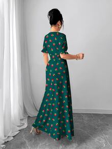 Al Najma Floral Botanical Digital Print Green Fashionable Round Neck Short Sleeve A-Line Dress For Women, Spring/Summer - Multicolor - View 2