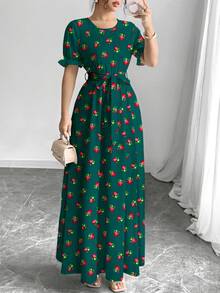 Al Najma Floral Botanical Digital Print Green Fashionable Round Neck Short Sleeve A-Line Dress For Women, Spring/Summer - Multicolor - View 4