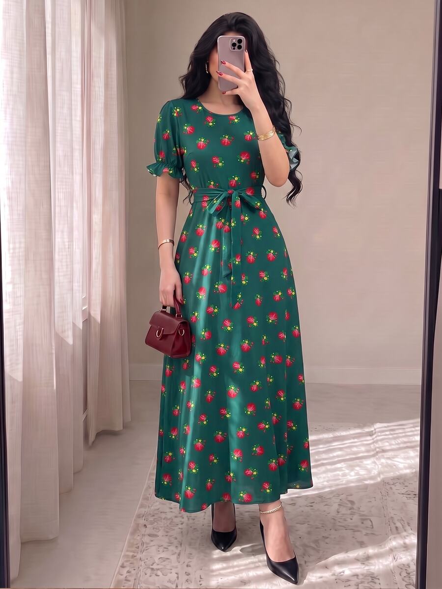 Al Najma Floral Botanical Digital Print Green Fashionable Round Neck Short Sleeve A-Line Dress For Women, Spring/Summer - Multicolor - View 1