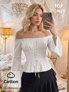 SHEIN MOD 女款純棉純色露肩繫帶喇叭袖長袖荷葉邊白色可愛甜美風上衣，適合聖誕派對、外出、秋季穿搭 - 白色 - 查看 3