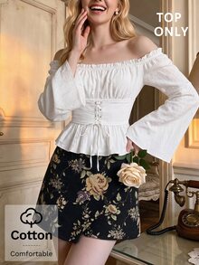 SHEIN MOD 女款純棉純色露肩繫帶喇叭袖長袖荷葉邊白色可愛甜美風上衣，適合聖誕派對、外出、秋季穿搭 - 白色 - 查看 2