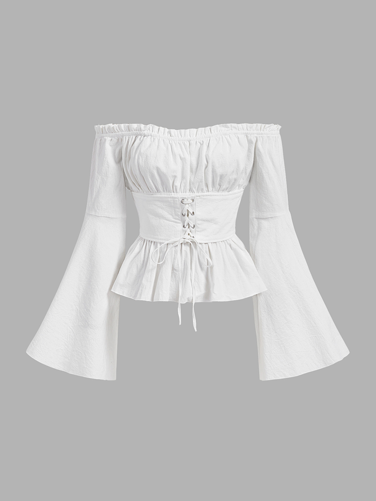 SHEIN MOD Women's Cotton Solid Off Shoulder Lace Up Flare Long Sleeve Peplum White Cute Coquette Blouse Top For Women Christmas Party Going Out Fall Top - White - View 8