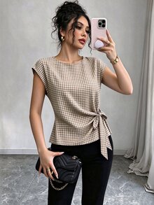 SHEIN Franclia 女款格紋時尚休閒法式復古百褶領結圓領T恤，棕色與白色波點，適合野餐、派對、早午餐、度假，夏季穿搭 - 棕色 - 查看 5