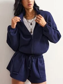 Bohemela Women's Solid Color Zip-Up Long Sleeve Top And Shorts Casual 2 Pieces Set - Navy Blue - View 2