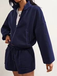 Bohemela Women's Solid Color Zip-Up Long Sleeve Top And Shorts Casual 2 Pieces Set - Navy Blue - View 8