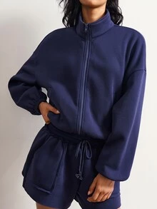 Bohemela Women's Solid Color Zip-Up Long Sleeve Top And Shorts Casual 2 Pieces Set - Navy Blue - View 5