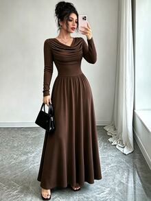 Elenzga Women's Fitted Long Sleeve Midi Dress - Brown - View 4