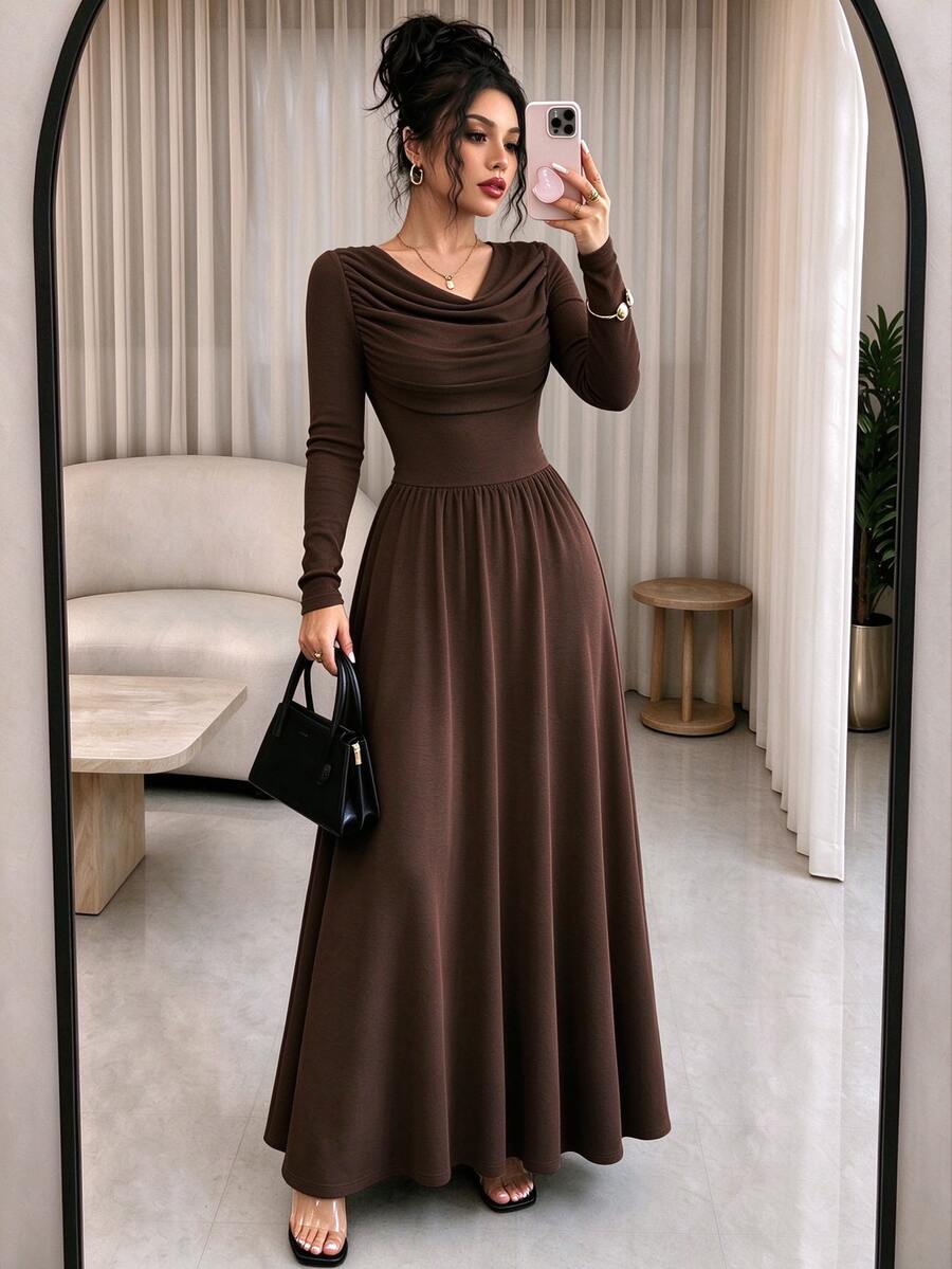Elenzga Women's Fitted Long Sleeve Midi Dress - Brown - View 1