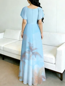 Seusyu 椰树风景印花时尚方领短袖设计女士简约长连衣裙，夏季收腰优雅长裙，适合夏季度假和日常穿着 - 彩色 - 查看 3