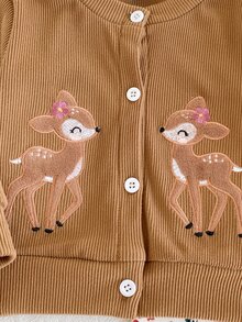 SHEIN Baby Girl Ribbed Deer Embroidery Cardigan Long Sleeve Jacket & Ditsy Floral Pants 2 Pieces Set, Casual Everyday Slouchy Outfit For Spring And Autumn - Brown - View 6