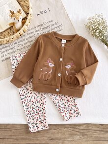 SHEIN Baby Girl Ribbed Deer Embroidery Cardigan Long Sleeve Jacket & Ditsy Floral Pants 2 Pieces Set, Casual Everyday Slouchy Outfit For Spring And Autumn - Brown - View 3