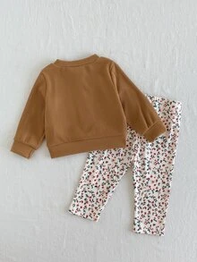 SHEIN Baby Girl Ribbed Deer Embroidery Cardigan Long Sleeve Jacket & Ditsy Floral Pants 2 Pieces Set, Casual Everyday Slouchy Outfit For Spring And Autumn - Brown - View 2