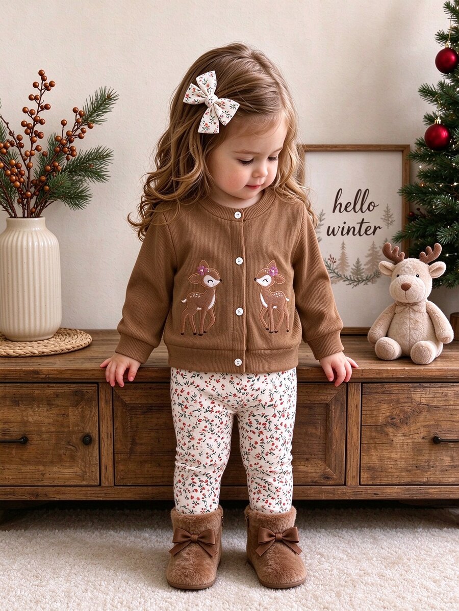 SHEIN Baby Girl Ribbed Deer Embroidery Cardigan Long Sleeve Jacket & Ditsy Floral Pants 2 Pieces Set, Casual Everyday Slouchy Outfit For Spring And Autumn - Brown - View 1