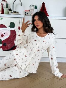 ZzzCrew Christmas Cute Reindeer Print Fleece Comfortable Open Front Long Sleeve Pajama Set - Apricot - View 6