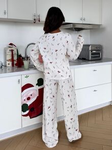 ZzzCrew Christmas Cute Reindeer Print Fleece Comfortable Open Front Long Sleeve Pajama Set - Apricot - View 3