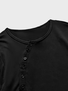 FeverCity Men's Solid Color Button Half-Placket Long Sleeve Casual T-Shirt - Black - View 5