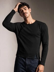 FeverCity Men's Solid Color Button Half-Placket Long Sleeve Casual T-Shirt - Black - View 1