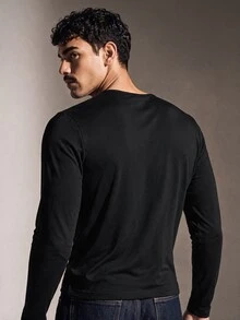 FeverCity Men's Solid Color Button Half-Placket Long Sleeve Casual T-Shirt - Black - View 2