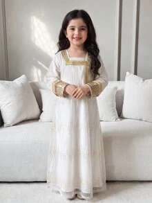 SHEIN 小女孩傳統領設計白色線條網紗長款外套洋裝套裝 7歲生日秋季母女套裝 - 米色 - 查看 3