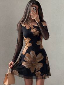 Modelyn 網格印花不對稱領口百褶優雅性感夏季女款洋裝 - 咖啡 - 查看 3