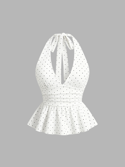Sweetra Top de tirantes con cuello halter y lazo, estampado de lunares estilo francés dulce, plisado, para mujer