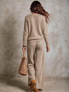 SHEIN Minimalist Casual Commuter Knit Set, Dropped Shoulder Long Sleeve Top High Waist Straight Wide Leg Pants Lounge Beige Fall - Khaki - View 2