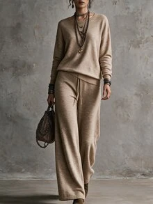 SHEIN Minimalist Casual Commuter Knit Set, Dropped Shoulder Long Sleeve Top High Waist Straight Wide Leg Pants Lounge Beige Fall - Khaki - View 1