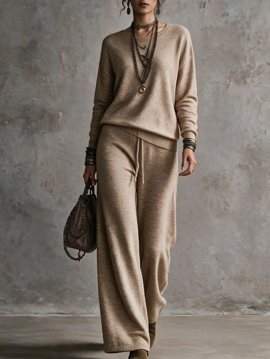 SHEIN Minimalist Casual Commuter Knit Set, Dropped Shoulder Long Sleeve Top High Waist Straight Wide Leg Pants Lounge Beige Fall - Khaki - View 1