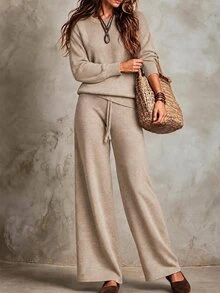 SHEIN Minimalist Casual Commuter Knit Set, Dropped Shoulder Long Sleeve Top High Waist Straight Wide Leg Pants Lounge Beige Fall - Khaki - View 6
