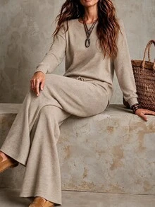 SHEIN Minimalist Casual Commuter Knit Set, Dropped Shoulder Long Sleeve Top High Waist Straight Wide Leg Pants Lounge Beige Fall - Khaki - View 5