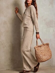 SHEIN Minimalist Casual Commuter Knit Set, Dropped Shoulder Long Sleeve Top High Waist Straight Wide Leg Pants Lounge Beige Fall - Khaki - View 4