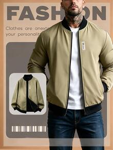 Manfinity Homme Men's Denim Jacket With Zipper Pockets, Long Sleeve, Casual Versatile - Khaki - View 6