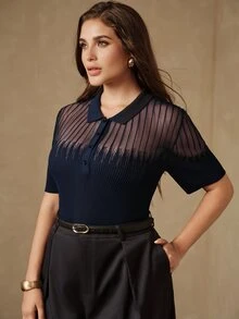 Anewsta Plus Size Women's Mesh Patchwork Casual Daily Knit Top - Navy Blue - View 7