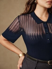 Anewsta Plus Size Women's Mesh Patchwork Casual Daily Knit Top - Navy Blue - View 2