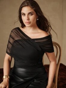Anewsta Autumn/Winter New Elegant Fashion Casual Outing Date Holiday Party Cold Shoulder Ruched Elastic Mesh Plus Size Women's Bodysuit - Black - View 3