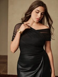 Anewsta Autumn/Winter New Elegant Fashion Casual Outing Date Holiday Party Cold Shoulder Ruched Elastic Mesh Plus Size Women's Bodysuit - Black - View 6