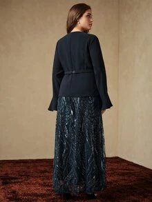 Anewsta Women's Fashion Spring/Autumn New 2 In 1 Sequin Lace Waistband Slimming Long Sleeve Navy Blue Plus Size Dress - Navy Blue - View 5