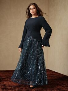 Anewsta Women's Fashion Spring/Autumn New 2 In 1 Sequin Lace Waistband Slimming Long Sleeve Navy Blue Plus Size Dress - Navy Blue - View 3