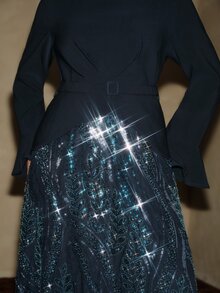 Anewsta Women's Fashion Spring/Autumn New 2 In 1 Sequin Lace Waistband Slimming Long Sleeve Navy Blue Plus Size Dress - Navy Blue - View 2